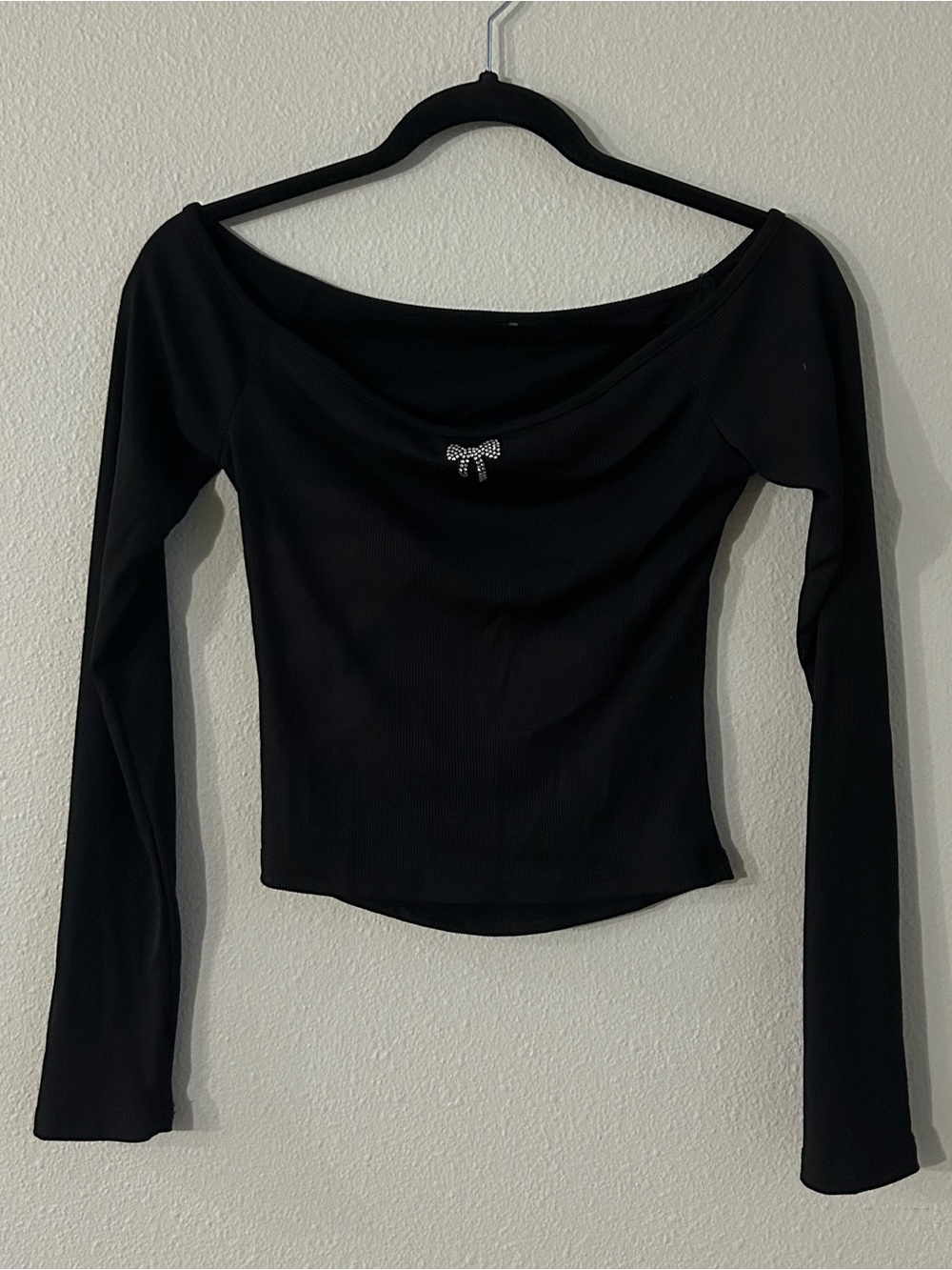 Rhinestone Bow Off-Shoulder Long Sleeve Top - Black